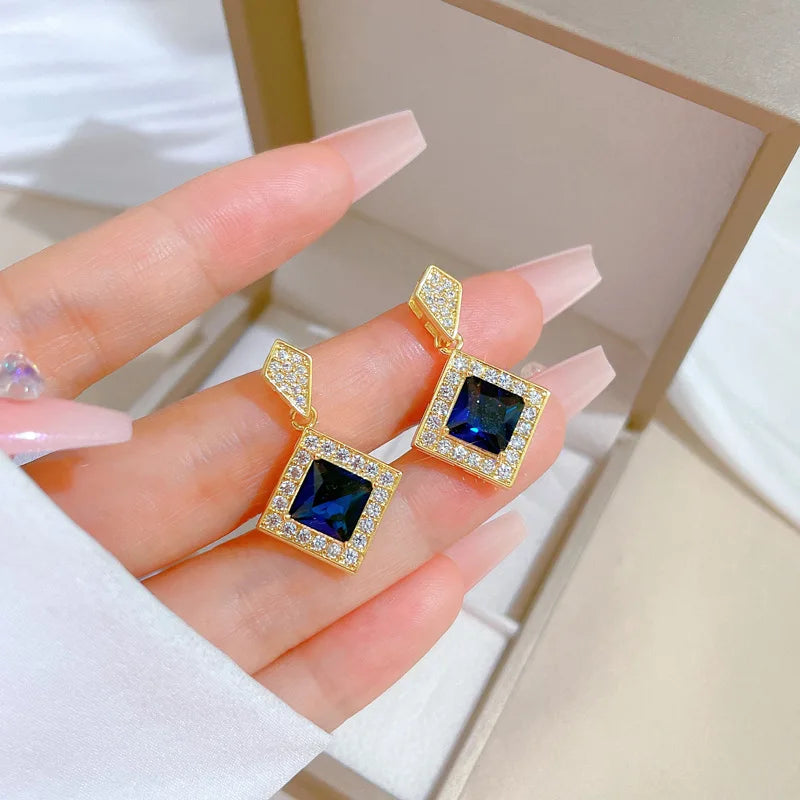 DIEYURO 316L Stainless Steel Square Dark Blue Crystal Charm Necklace Earrings For Women Girl New Trendy Jewelry Set Gift Party