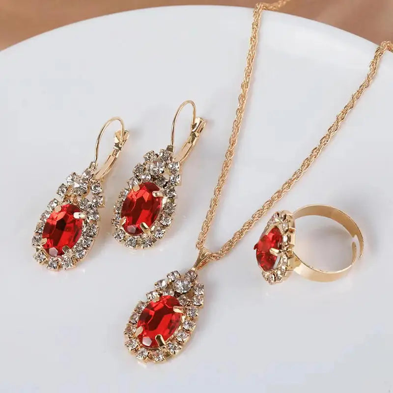 Necklace Earring Ring Three-piece Set For Women Water Drop Heart-shaped Rhinestone Set Fashion And Exquisite Bridal Accessories