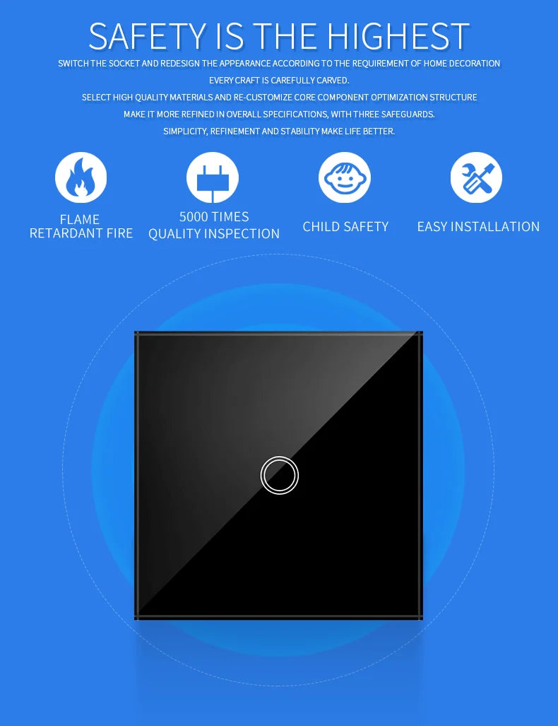 EU Touch Switch AC100-240V Led backlight Panel Tempered Crystal Glass wall Light sensory Switches 1/2/3 Gang Interruttore