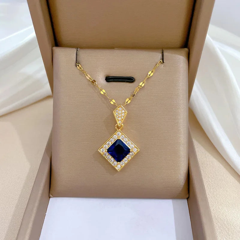 DIEYURO 316L Stainless Steel Square Dark Blue Crystal Charm Necklace Earrings For Women Girl New Trendy Jewelry Set Gift Party