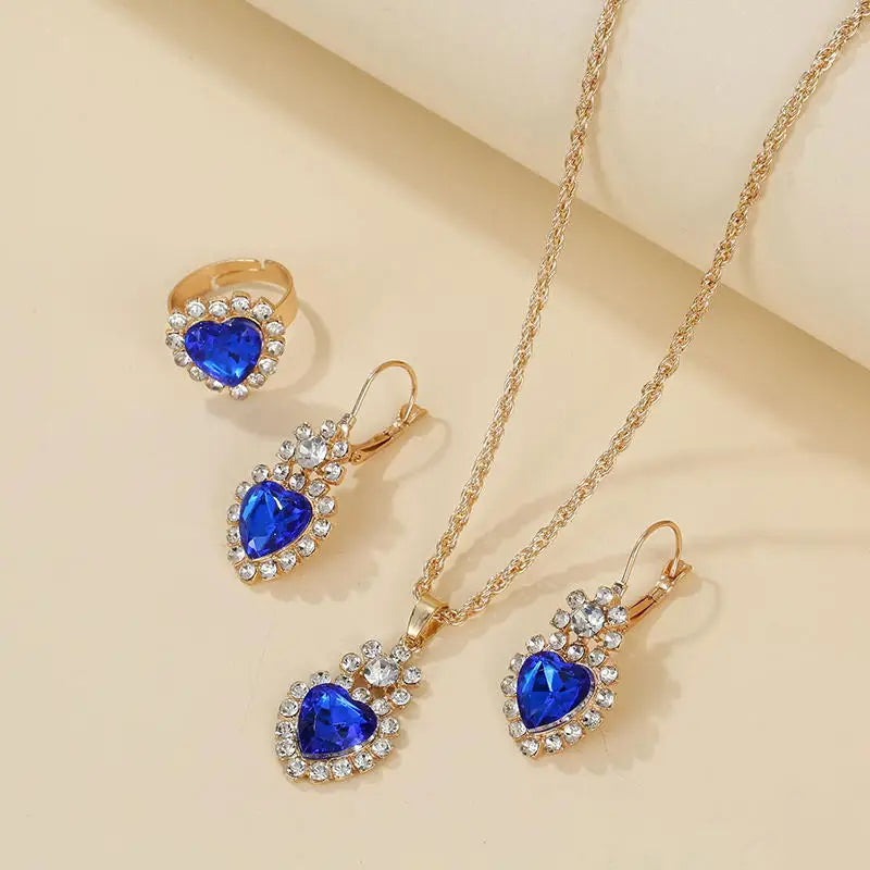Necklace Earring Ring Three-piece Set For Women Water Drop Heart-shaped Rhinestone Set Fashion And Exquisite Bridal Accessories