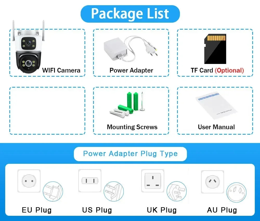 WiFi Camera Dual Lens 8MP 4K Wi-Fi Security IP Cameras Smart Home Outdoor 360 Wireless CCTV PTZ Auto Tracking Detection Tuya app