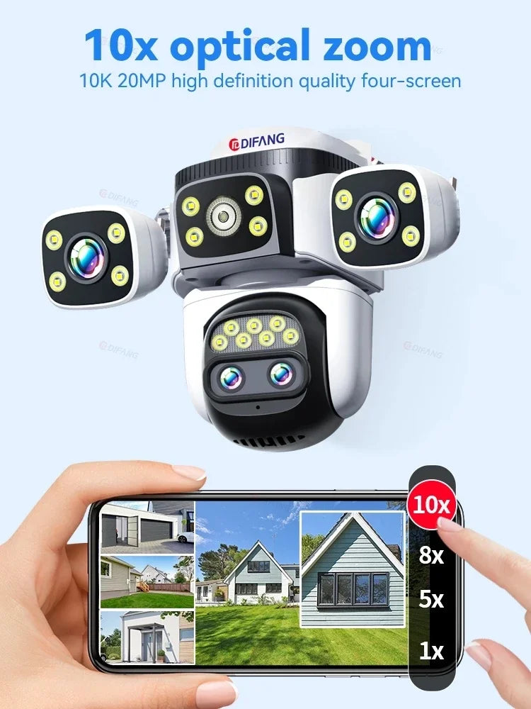 10K UHD WiFi6 Security Camera Outdoor Four Screen Surveillance Network Cam 10X Zoom PTZ 20MP Video Surveillance Smart Home
