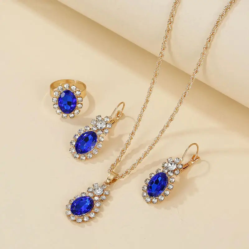 Necklace Earring Ring Three-piece Set For Women Water Drop Heart-shaped Rhinestone Set Fashion And Exquisite Bridal Accessories