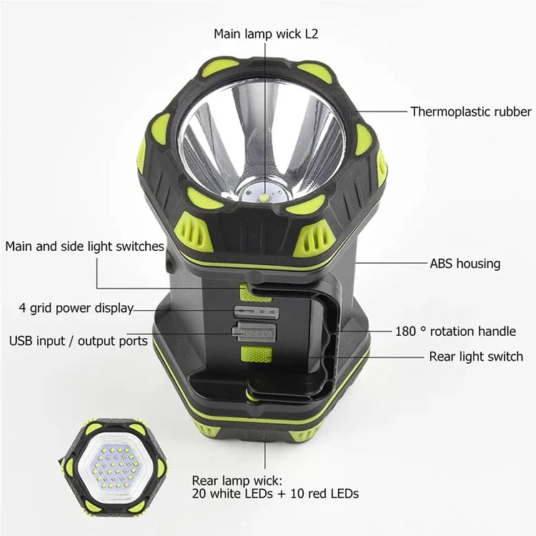 Multifunctional Camping Searchlight Rechargeable 4800mAh 18650 Battery 8 Modes Flashlight Outdoor Waterproof Emergency Work Lamp