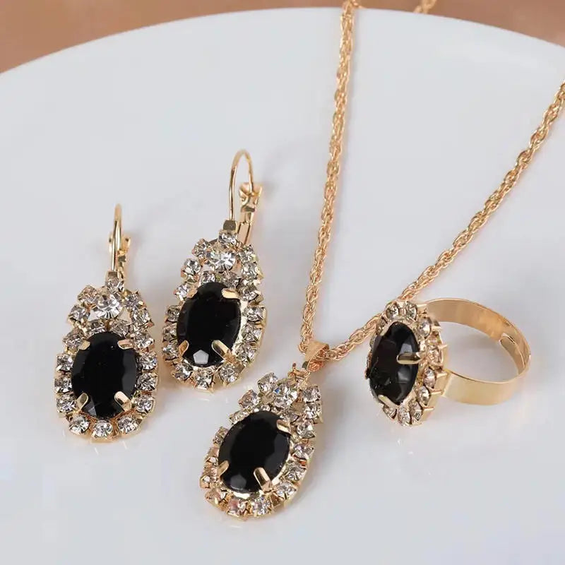 Necklace Earring Ring Three-piece Set For Women Water Drop Heart-shaped Rhinestone Set Fashion And Exquisite Bridal Accessories