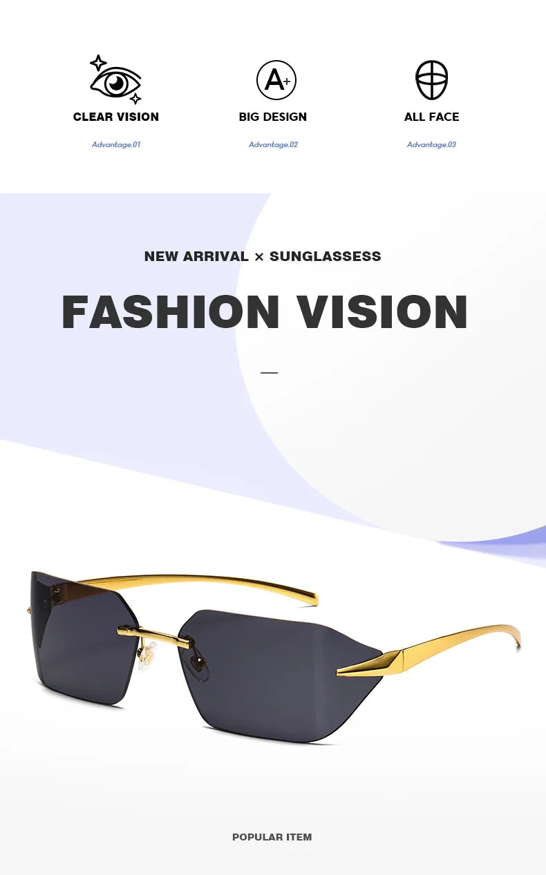 Rimless Men Sunglasses 2024 Fashion Luxury Brand Curved Lens Summer Traveling Sun Glasses for Women Frameless Rectangle Shades