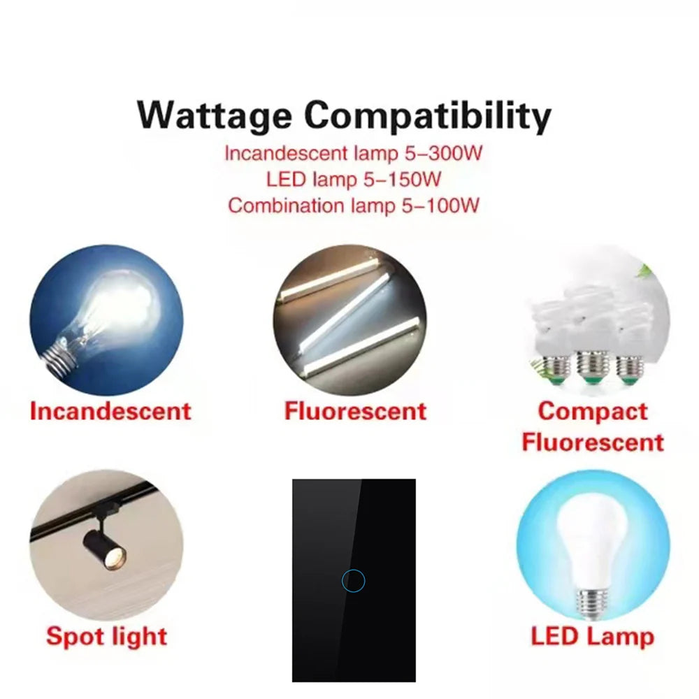 AC100-240 Touch Switch Power Led Panel Wall Light Switches Tempered Black White Crystal Glass 1/2/3 Gang Interruttore Switch