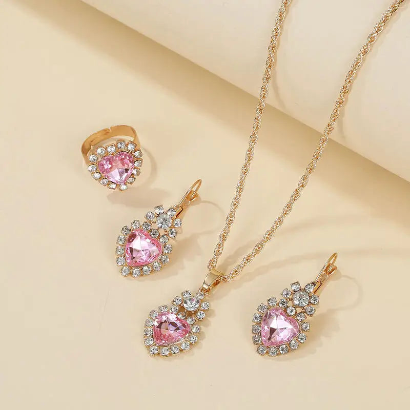 Necklace Earring Ring Three-piece Set For Women Water Drop Heart-shaped Rhinestone Set Fashion And Exquisite Bridal Accessories