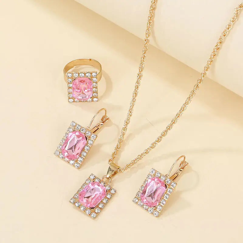 Necklace Earring Ring Three-piece Set For Women Water Drop Heart-shaped Rhinestone Set Fashion And Exquisite Bridal Accessories