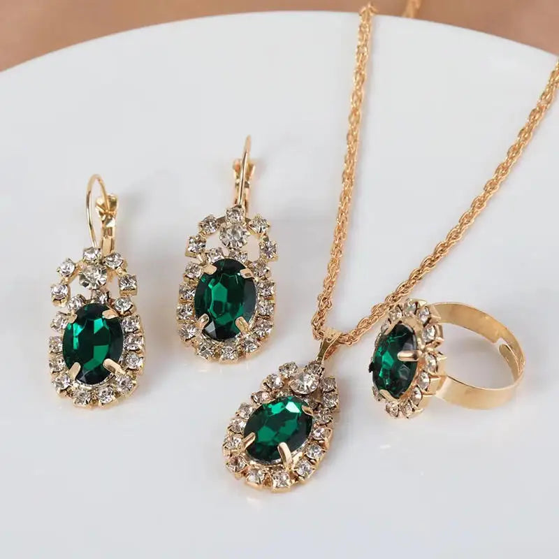 Necklace Earring Ring Three-piece Set For Women Water Drop Heart-shaped Rhinestone Set Fashion And Exquisite Bridal Accessories
