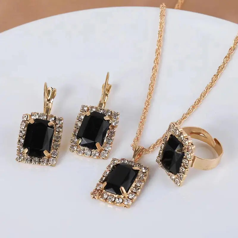 Necklace Earring Ring Three-piece Set For Women Water Drop Heart-shaped Rhinestone Set Fashion And Exquisite Bridal Accessories