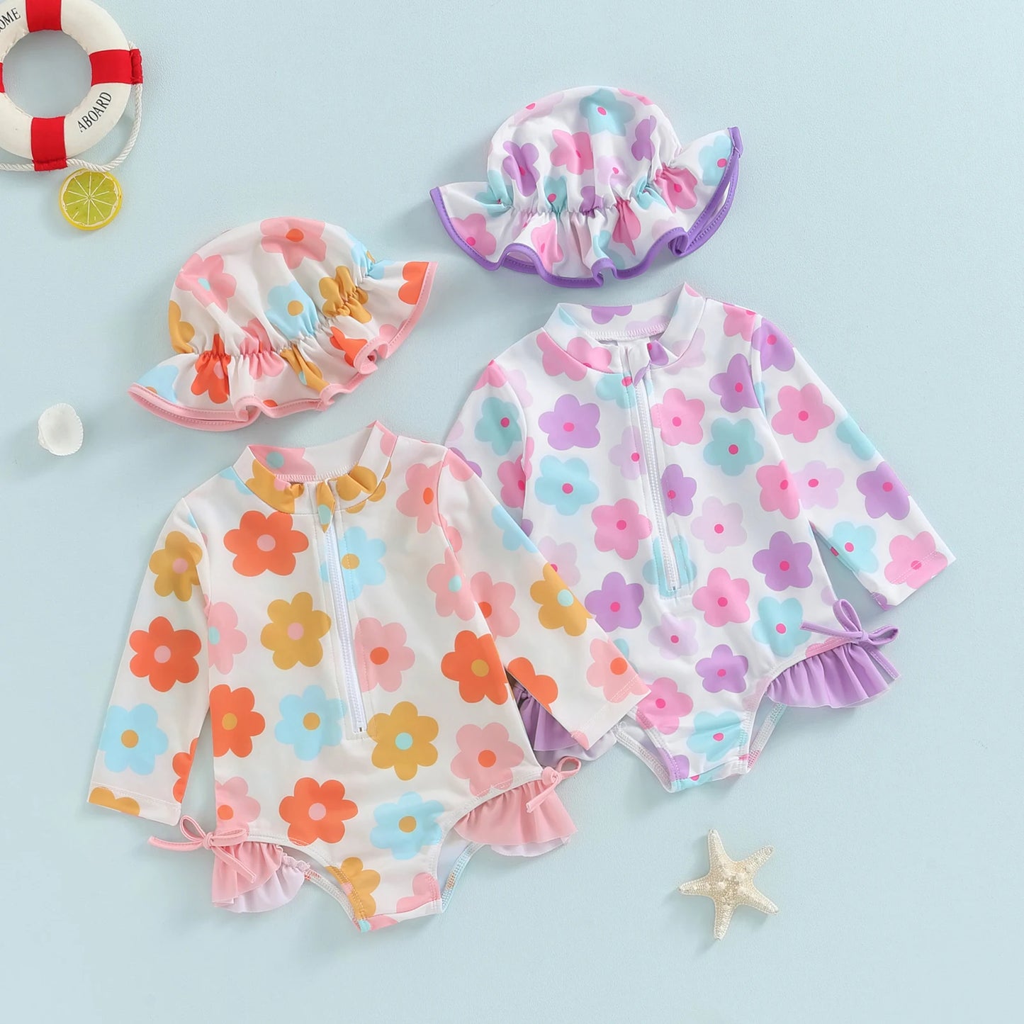 Baby Girl Rash Guard Swimsuits Summer Floral Print Zipper Swimwear and Sun Hat 2 Pieces Set for Toddler Bathing Suits Beachwear