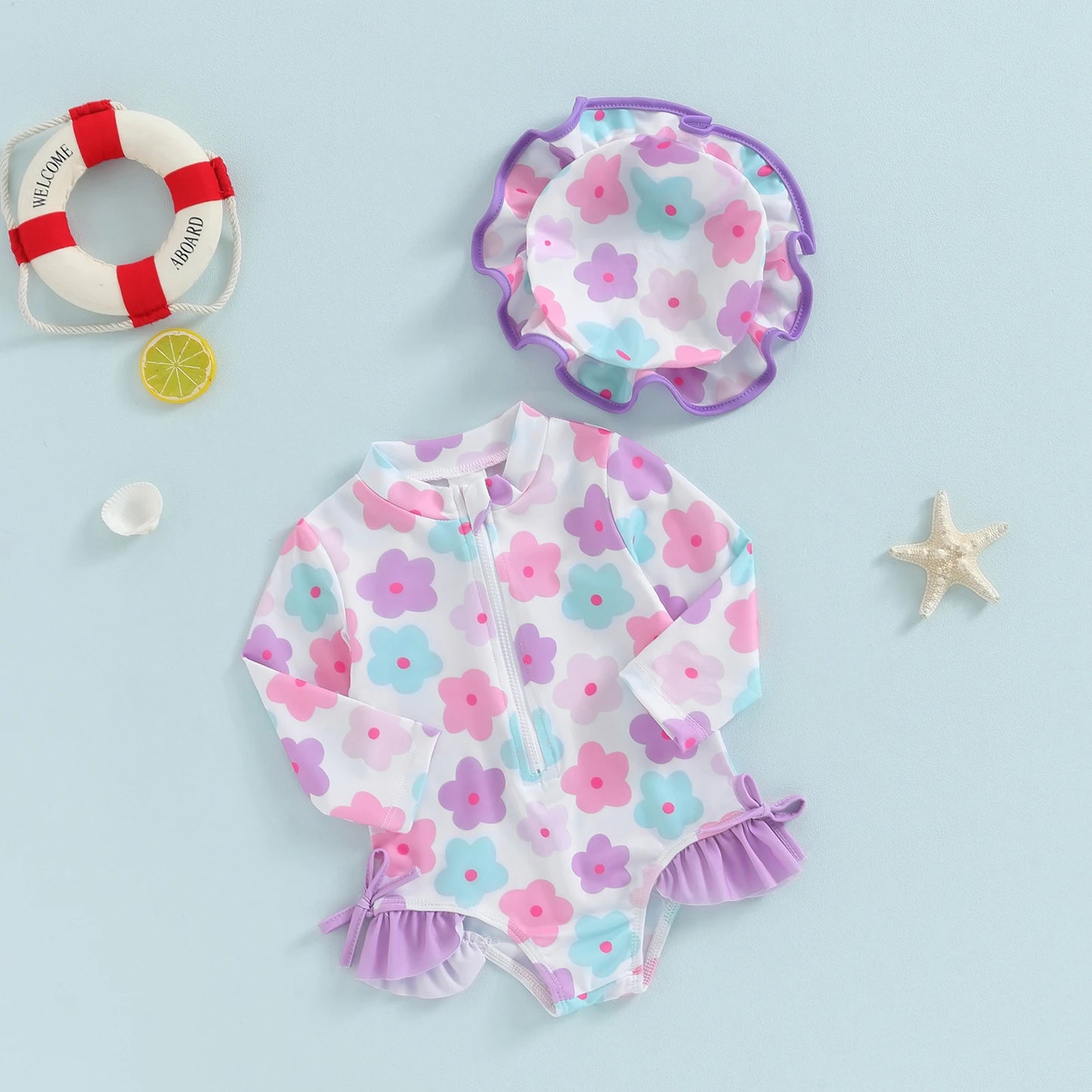 Baby Girl Rash Guard Swimsuits Summer Floral Print Zipper Swimwear and Sun Hat 2 Pieces Set for Toddler Bathing Suits Beachwear