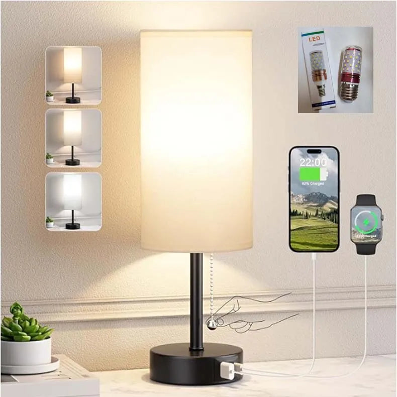 Pull Chain Desk Lamp Led Table Lamp Bedside Lamps with USB A+C Port Fast Charging Rechargeable Lamps Bedroom Decoration лампа