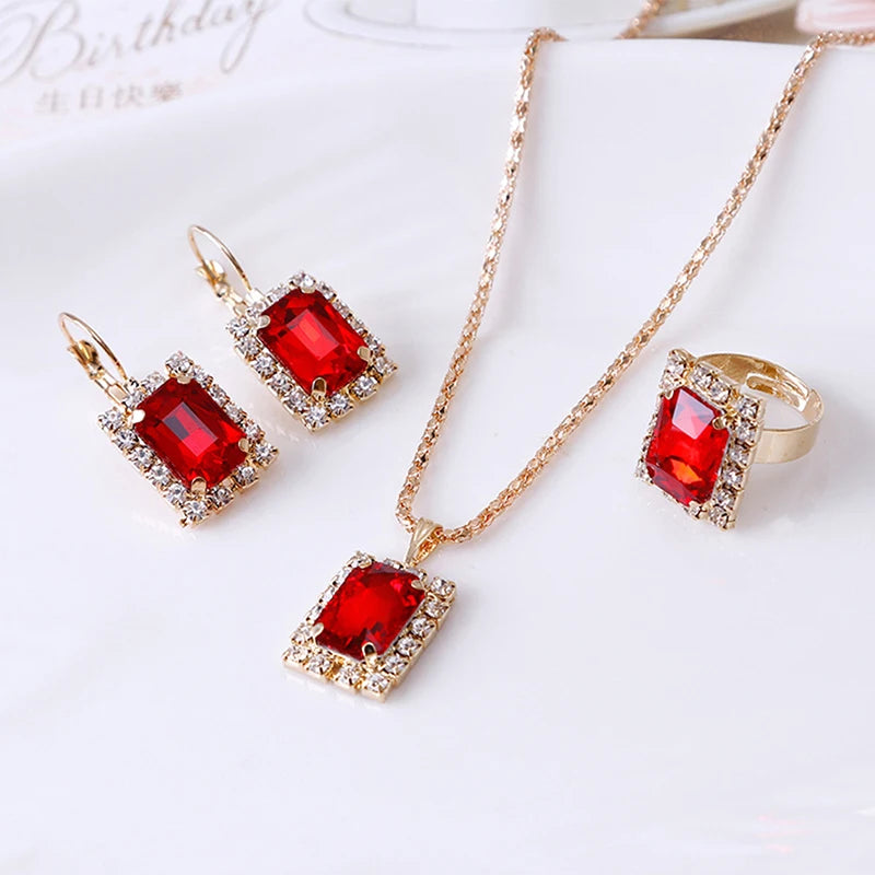 2022 New Crystal Jewelry Wedding Jewelry Set Black Zircon Dangle Earrings And Necklace Ring 3 Piece Set Women Trendy Accessories