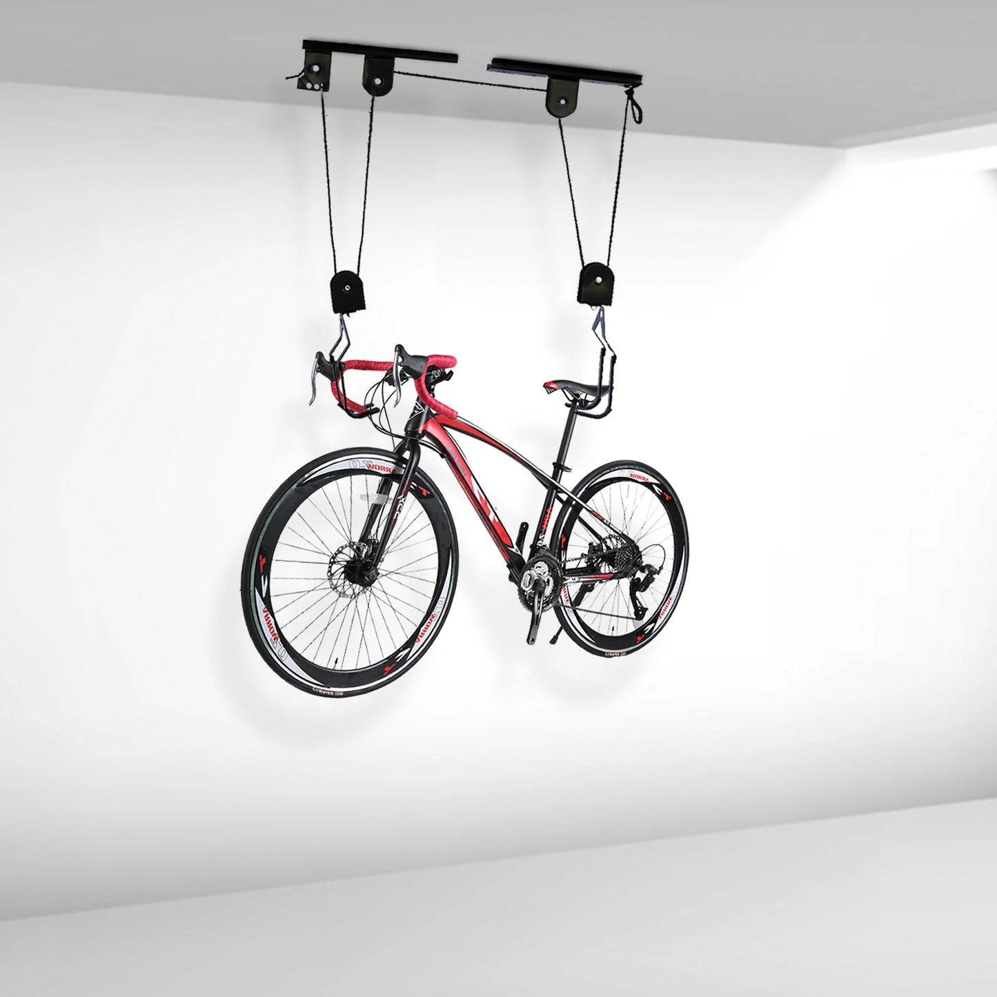 60kg Bicycle Bike Lift Hoist Ceiling Storage Hanger Pulley Rack Garage + Hooks - Specs Heavy Duty Steel Build in Black