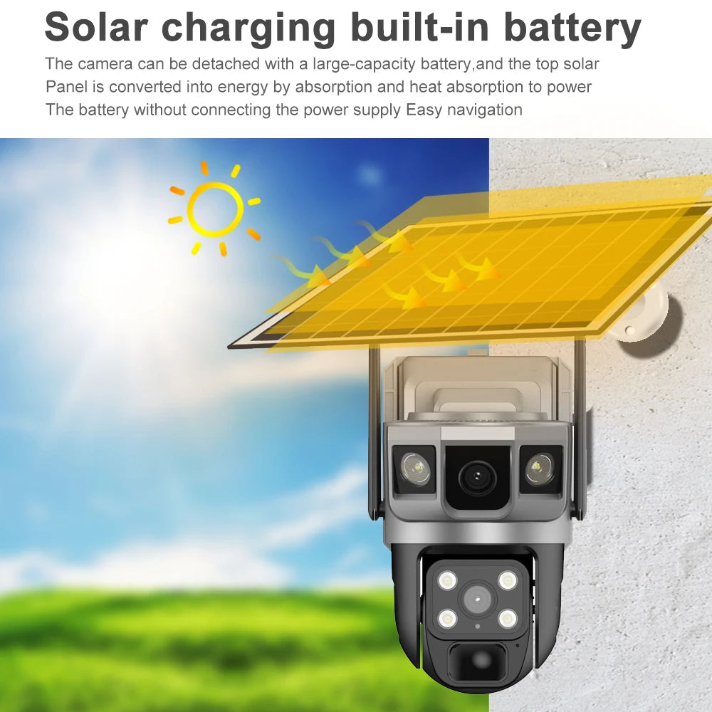 Wifi Solar Security Camera 360 PTZ Outdoor 12MP V380 Pro Cctv Dual Lens House Surveillance Cameras Smart Home Camarade Seguridad