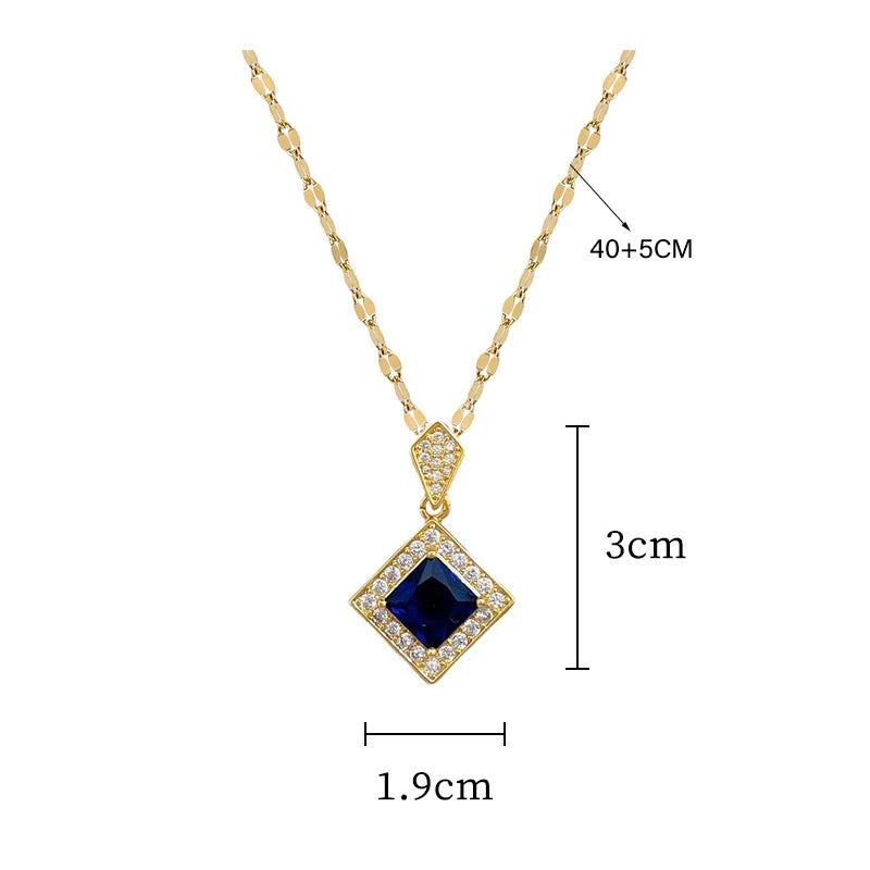 DIEYURO 316L Stainless Steel Square Dark Blue Crystal Charm Necklace Earrings For Women Girl New Trendy Jewelry Set Gift Party
