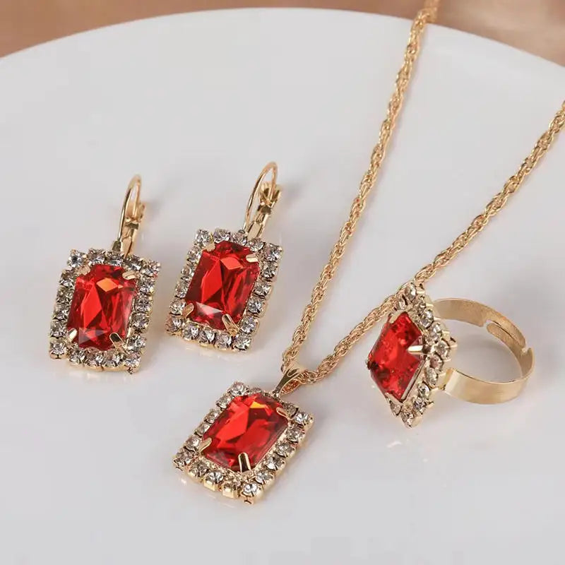Necklace Earring Ring Three-piece Set For Women Water Drop Heart-shaped Rhinestone Set Fashion And Exquisite Bridal Accessories