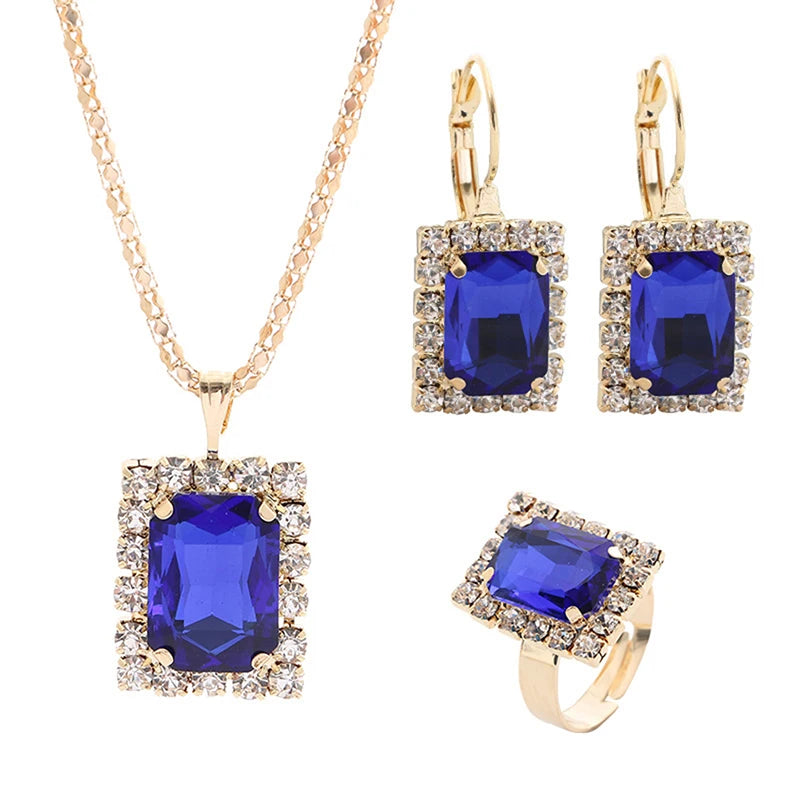 2022 New Crystal Jewelry Wedding Jewelry Set Black Zircon Dangle Earrings And Necklace Ring 3 Piece Set Women Trendy Accessories