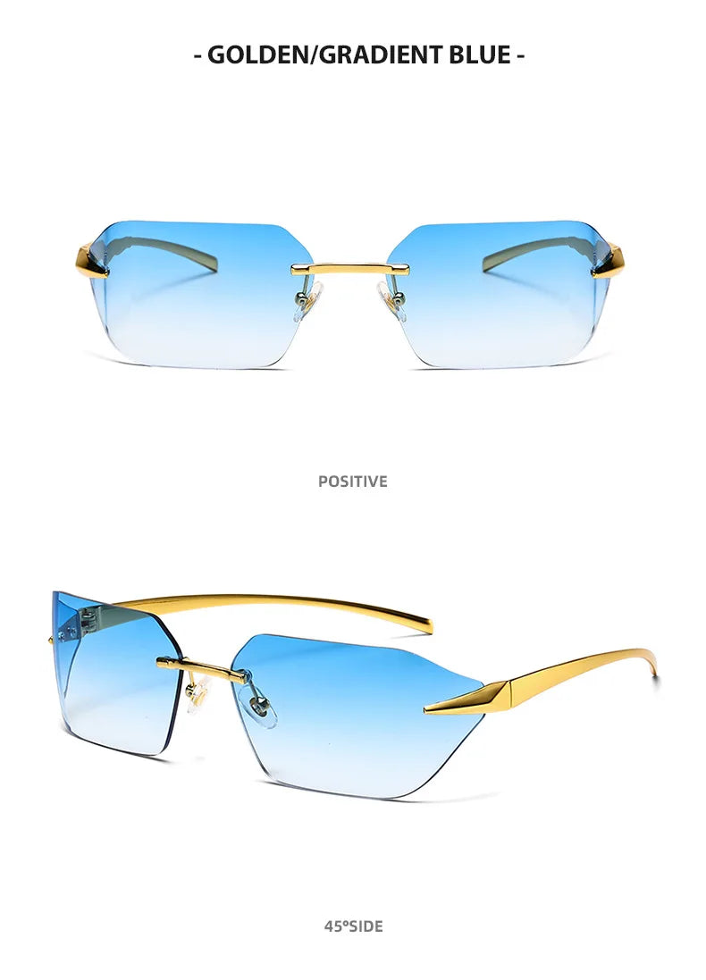 Rimless Men Sunglasses 2024 Fashion Luxury Brand Curved Lens Summer Traveling Sun Glasses for Women Frameless Rectangle Shades