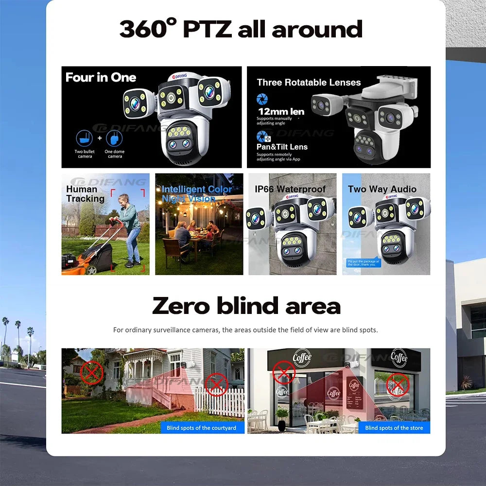 10K UHD WiFi6 Security Camera Outdoor Four Screen Surveillance Network Cam 10X Zoom PTZ 20MP Video Surveillance Smart Home