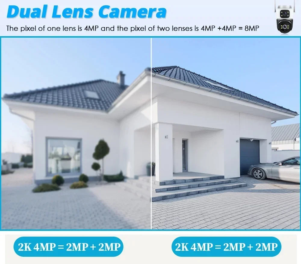 WiFi Camera Dual Lens 8MP 4K Wi-Fi Security IP Cameras Smart Home Outdoor 360 Wireless CCTV PTZ Auto Tracking Detection Tuya app