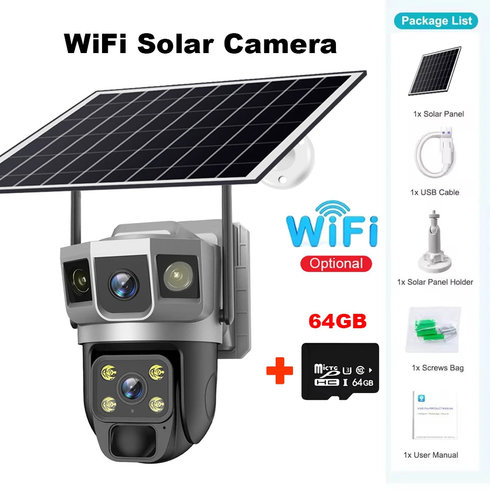 Wifi Solar Security Camera 360 PTZ Outdoor 12MP V380 Pro Cctv Dual Lens House Surveillance Cameras Smart Home Camarade Seguridad