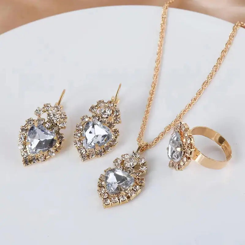 Necklace Earring Ring Three-piece Set For Women Water Drop Heart-shaped Rhinestone Set Fashion And Exquisite Bridal Accessories