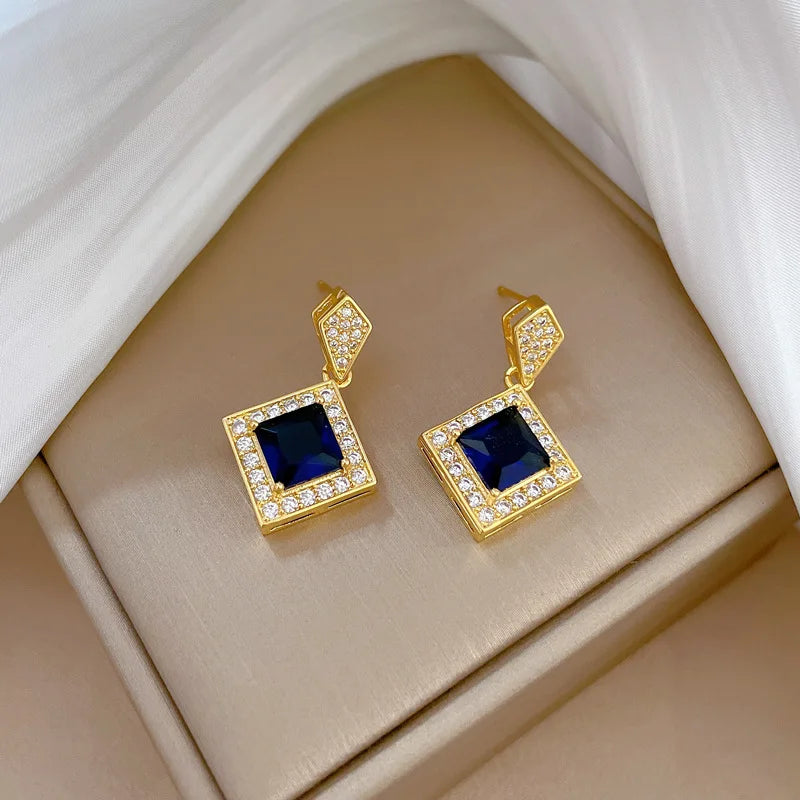 DIEYURO 316L Stainless Steel Square Dark Blue Crystal Charm Necklace Earrings For Women Girl New Trendy Jewelry Set Gift Party