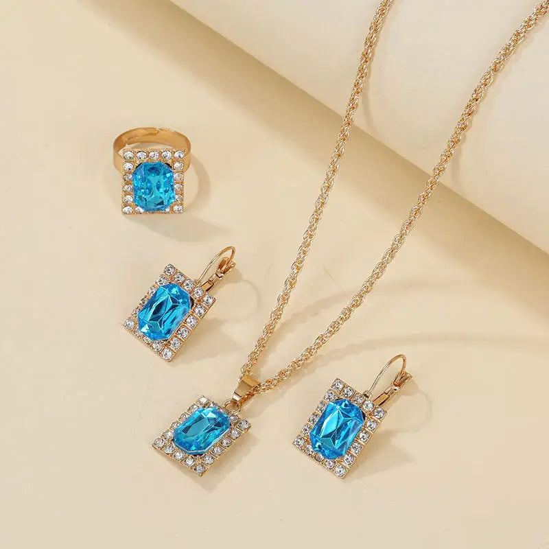 Necklace Earring Ring Three-piece Set For Women Water Drop Heart-shaped Rhinestone Set Fashion And Exquisite Bridal Accessories