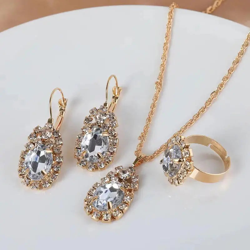 Necklace Earring Ring Three-piece Set For Women Water Drop Heart-shaped Rhinestone Set Fashion And Exquisite Bridal Accessories