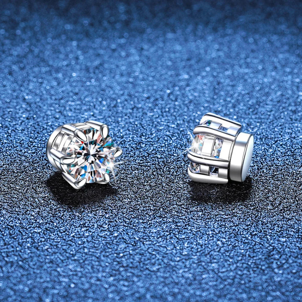JOIAS HOME S925 Sterling Silver Classic 6- Claw Hole Magnetic 1CT Moissanite Stud Earring Suitable for Wedding Fine Jewelry