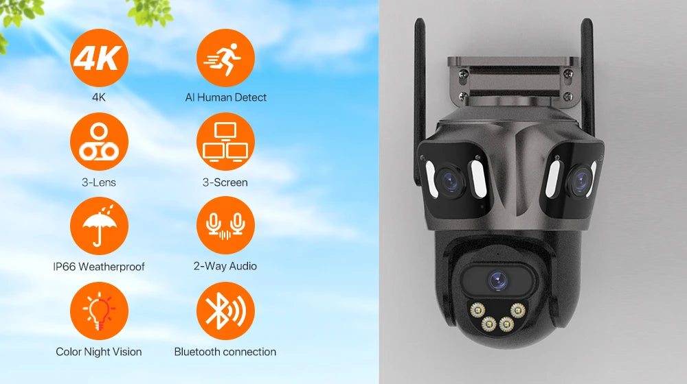 Three Screen WIFI IP Camera Outdoor 4K Dual Lens PTZ Camera Ai Human Detection IP66 Waterproof CCTV Video Security Camera iCsee
