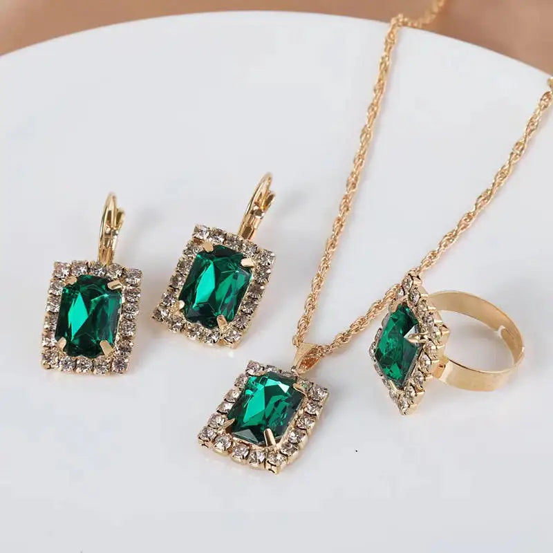 Necklace Earring Ring Three-piece Set For Women Water Drop Heart-shaped Rhinestone Set Fashion And Exquisite Bridal Accessories