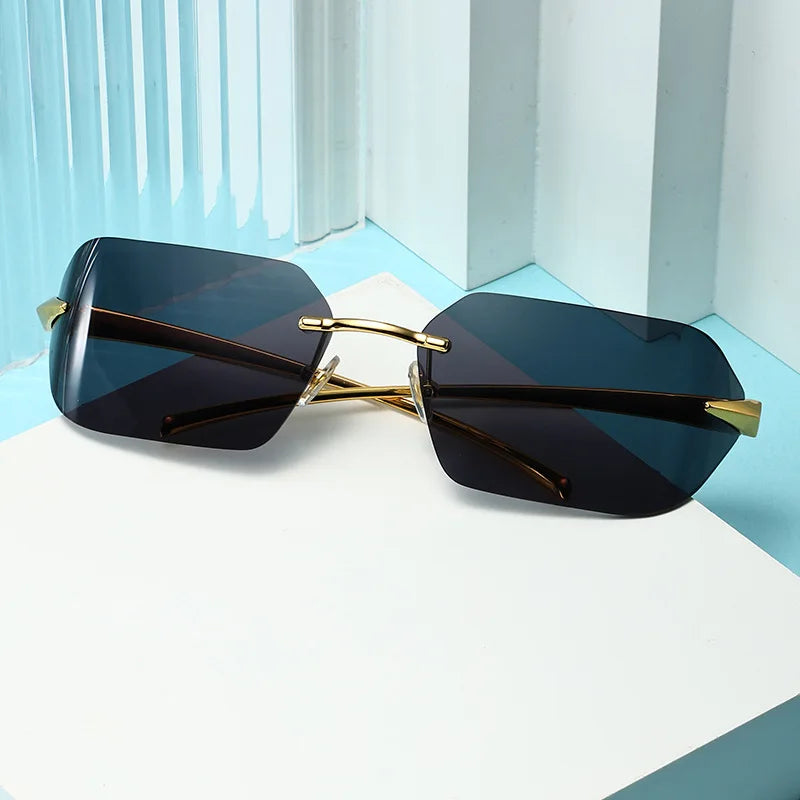 Rimless Men Sunglasses 2024 Fashion Luxury Brand Curved Lens Summer Traveling Sun Glasses for Women Frameless Rectangle Shades