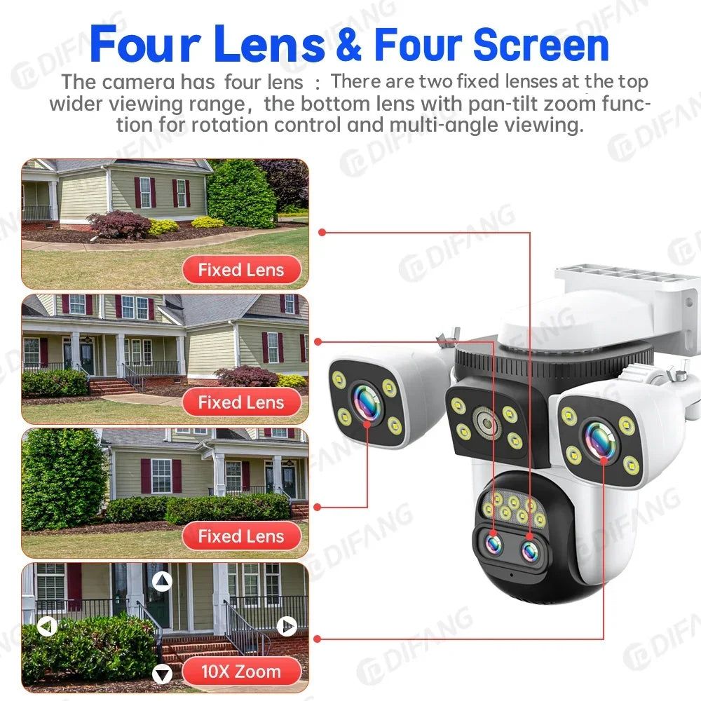 10K UHD WiFi6 Security Camera Outdoor Four Screen Surveillance Network Cam 10X Zoom PTZ 20MP Video Surveillance Smart Home