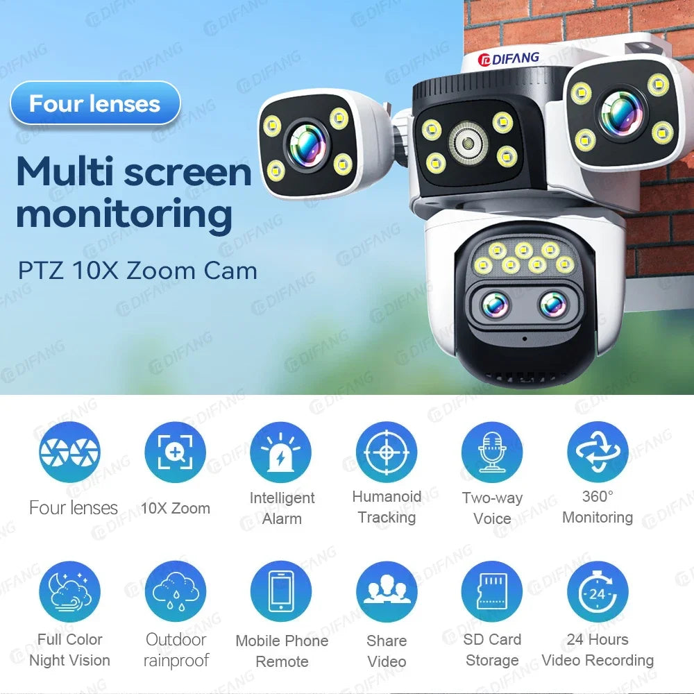 10K UHD WiFi6 Security Camera Outdoor Four Screen Surveillance Network Cam 10X Zoom PTZ 20MP Video Surveillance Smart Home