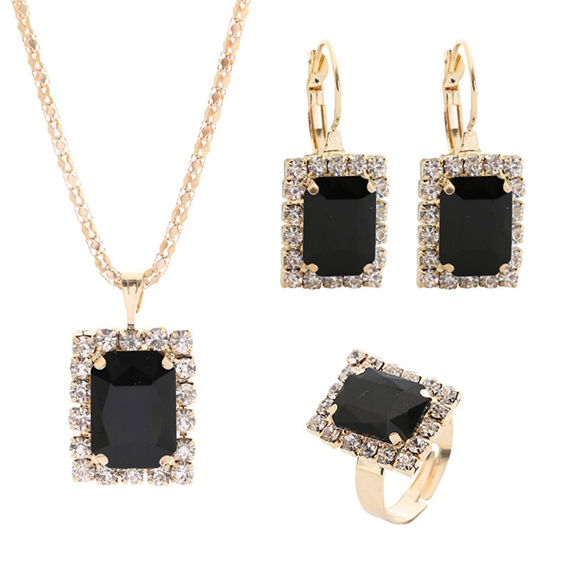 2022 New Crystal Jewelry Wedding Jewelry Set Black Zircon Dangle Earrings And Necklace Ring 3 Piece Set Women Trendy Accessories