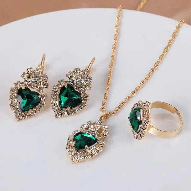 Necklace Earring Ring Three-piece Set For Women Water Drop Heart-shaped Rhinestone Set Fashion And Exquisite Bridal Accessories