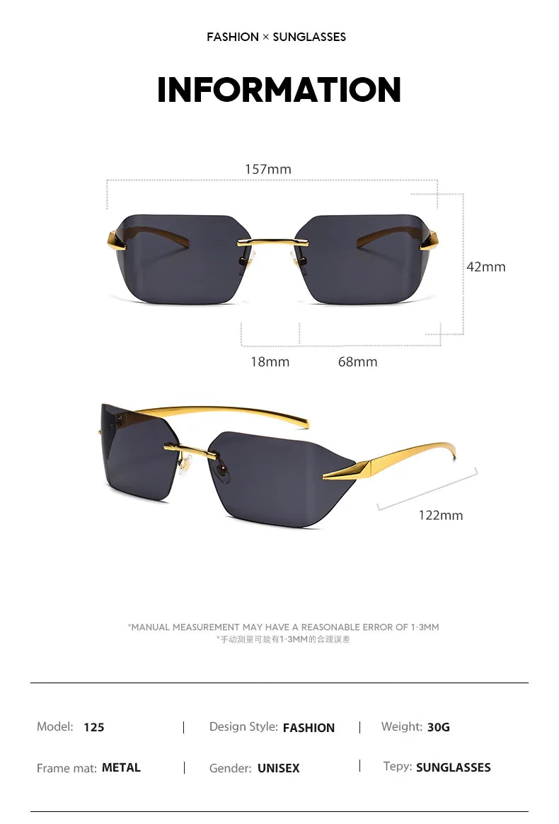 Rimless Men Sunglasses 2024 Fashion Luxury Brand Curved Lens Summer Traveling Sun Glasses for Women Frameless Rectangle Shades