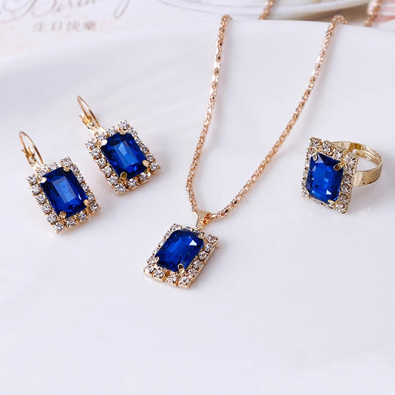 2022 New Crystal Jewelry Wedding Jewelry Set Black Zircon Dangle Earrings And Necklace Ring 3 Piece Set Women Trendy Accessories