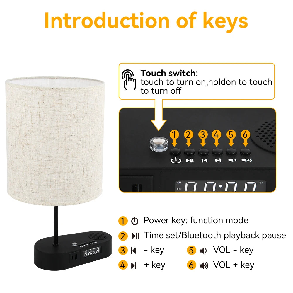 Bedside Table Lamp with Bluetooth and Alarm Clock Function Fabric Music Player Table Lamp Three Color Adjusted for Living Room