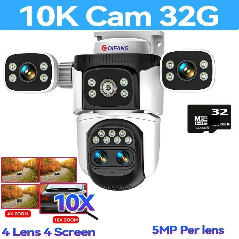 10K UHD WiFi6 Security Camera Outdoor Four Screen Surveillance Network Cam 10X Zoom PTZ 20MP Video Surveillance Smart Home
