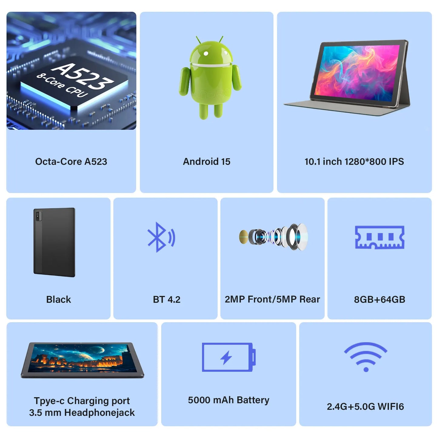 ANRY 2025 10.1 Inch 5G Wifi A523 Tablet Android 15 8GB(4+4Expand) RAM+64GB ROM IPS Display 5000Mah Dual Camera Octa-core Tablets
