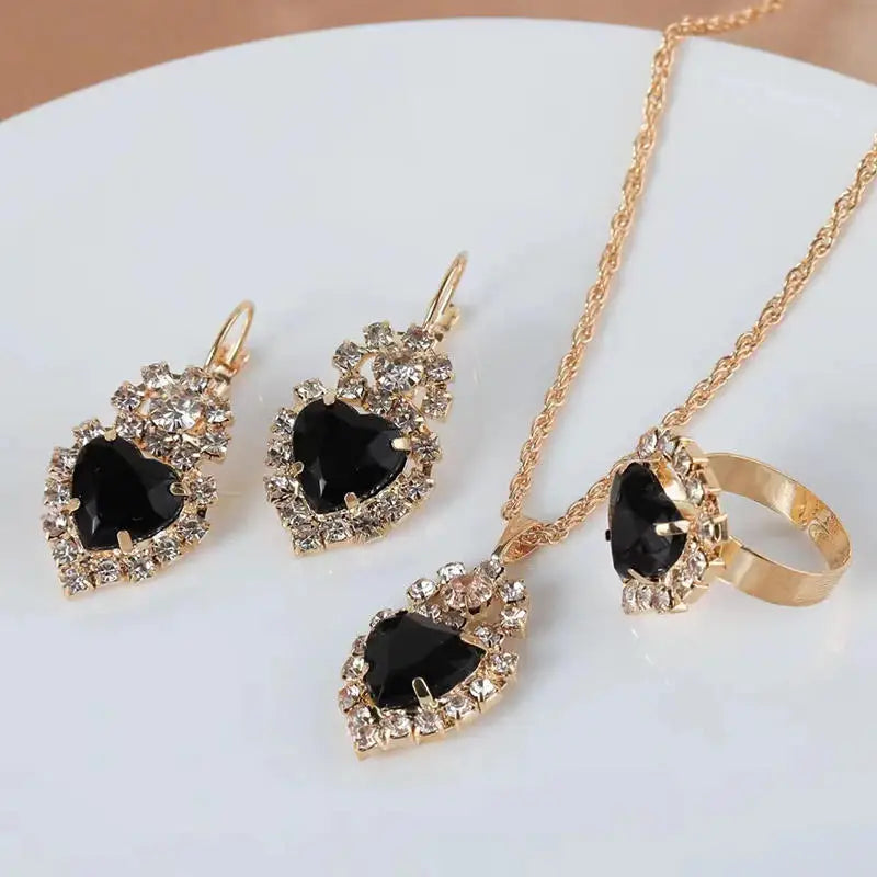 Necklace Earring Ring Three-piece Set For Women Water Drop Heart-shaped Rhinestone Set Fashion And Exquisite Bridal Accessories