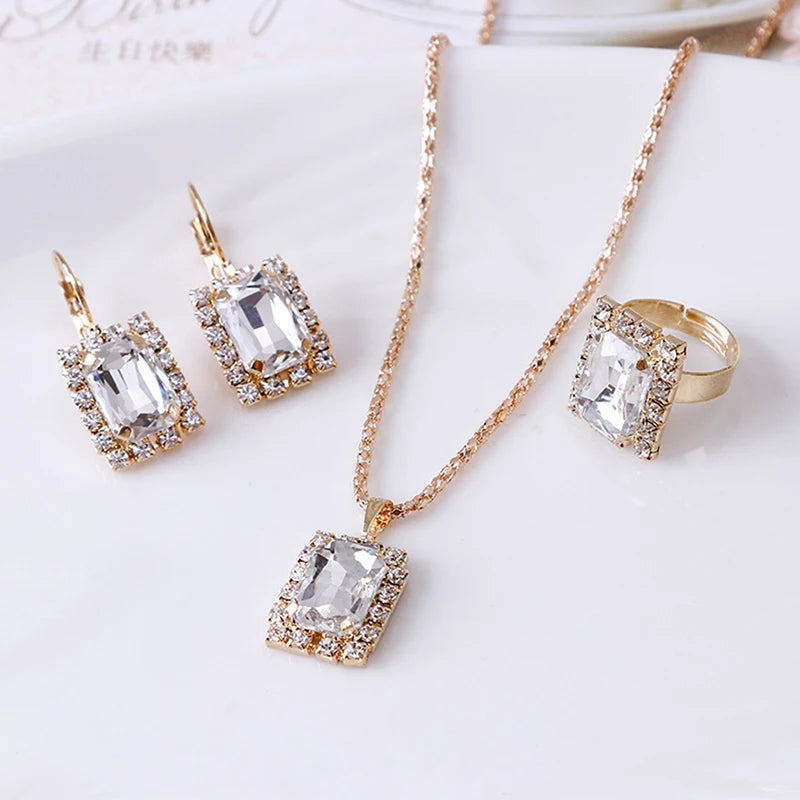 2022 New Crystal Jewelry Wedding Jewelry Set Black Zircon Dangle Earrings And Necklace Ring 3 Piece Set Women Trendy Accessories