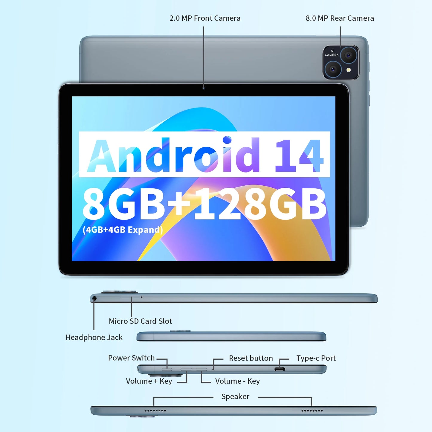 PRITOM 10.1 Inch 2-in-1 Android 15 Tablet with Keyboard, 8GB RAM (4+4), 128GB Storage, 1TB Expandable, 8000mAh Battery