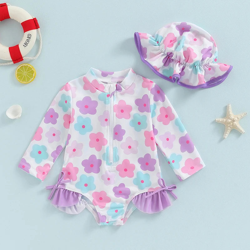 Baby Girl Rash Guard Swimsuits Summer Floral Print Zipper Swimwear and Sun Hat 2 Pieces Set for Toddler Bathing Suits Beachwear